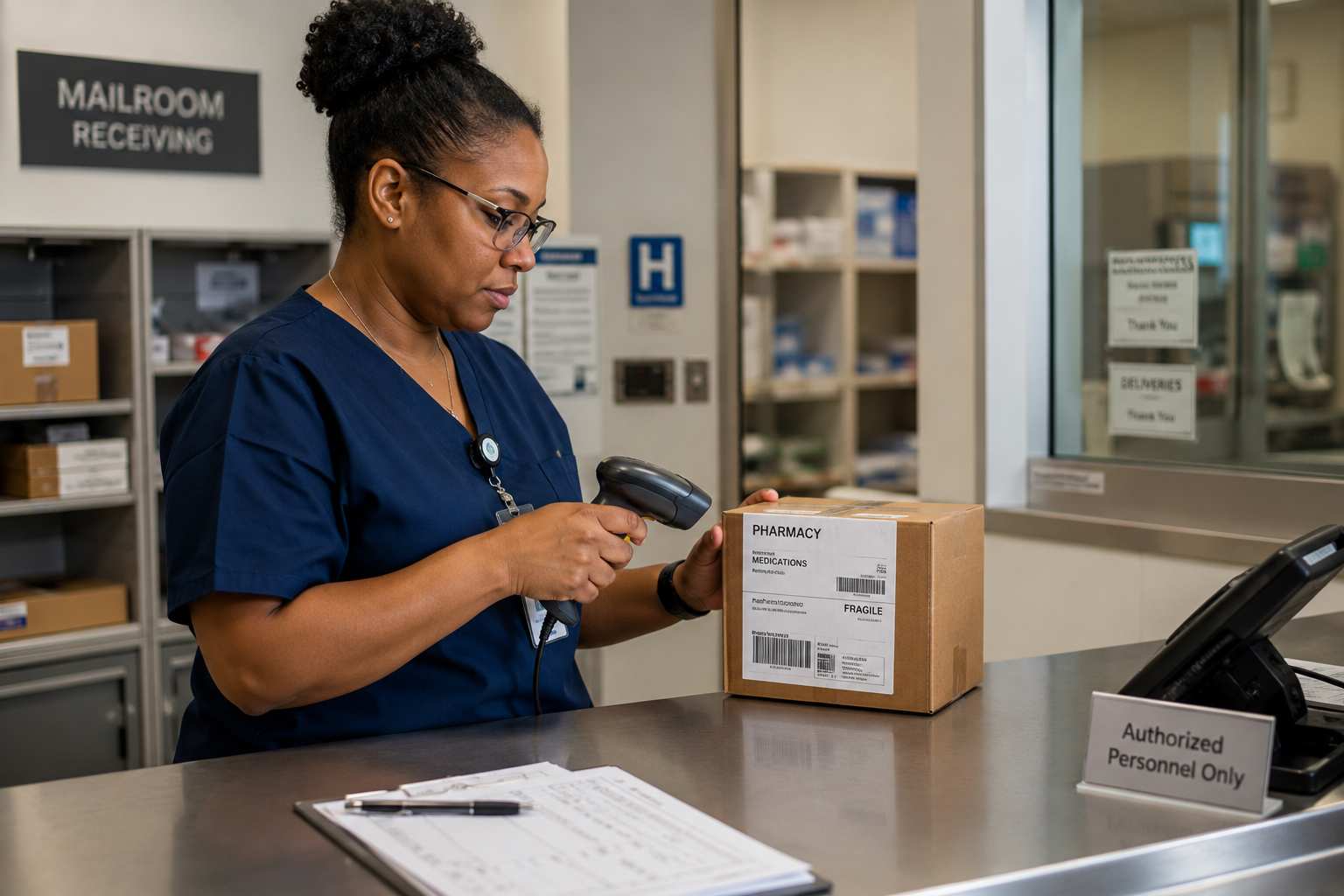 Hospital mailroom staff verifying a medication package delivery