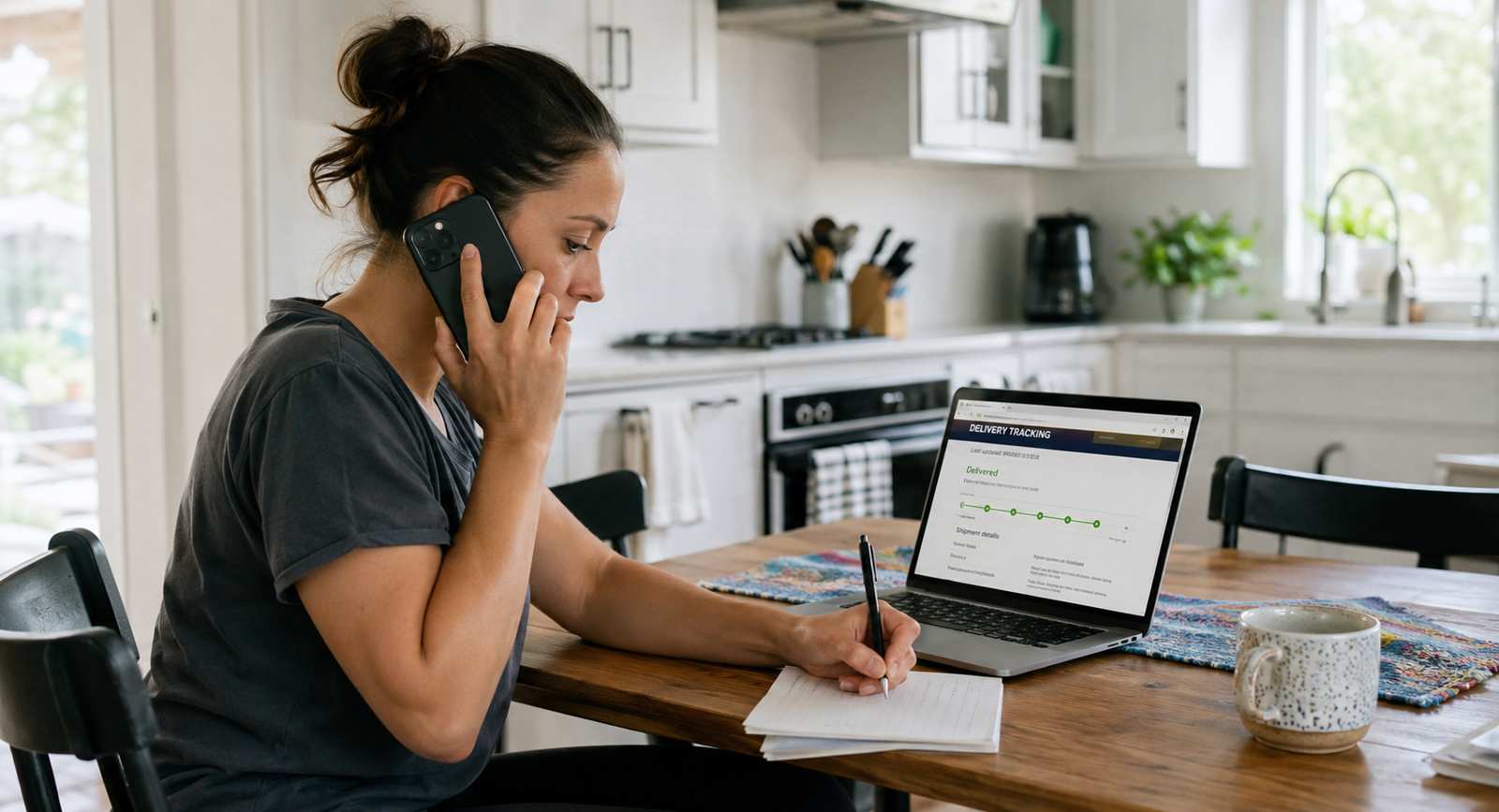 Person calling customer service and taking notes while filing a missing package claim