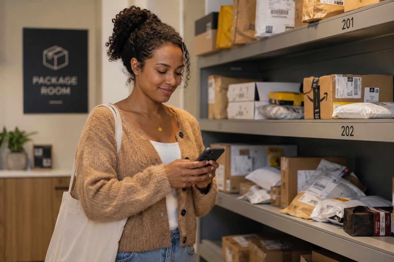 Resident checking a text notification on their phone in an apartment package pickup room