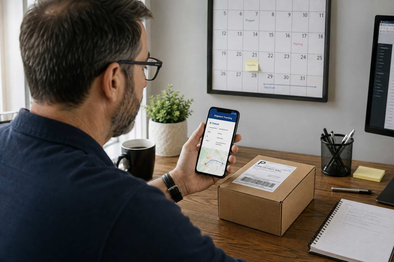 Person checking a shipping tracking app on a smartphone at a home desk