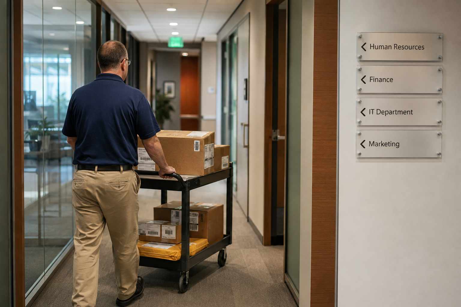 Office worker delivering a package cart down a hallway with department signage