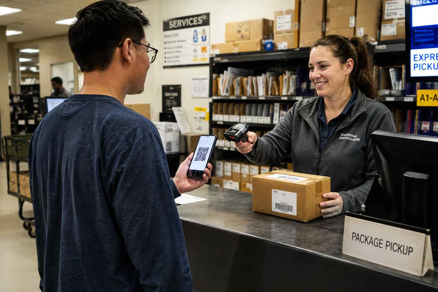 Person scanning a QR code on their phone at a package pickup counter