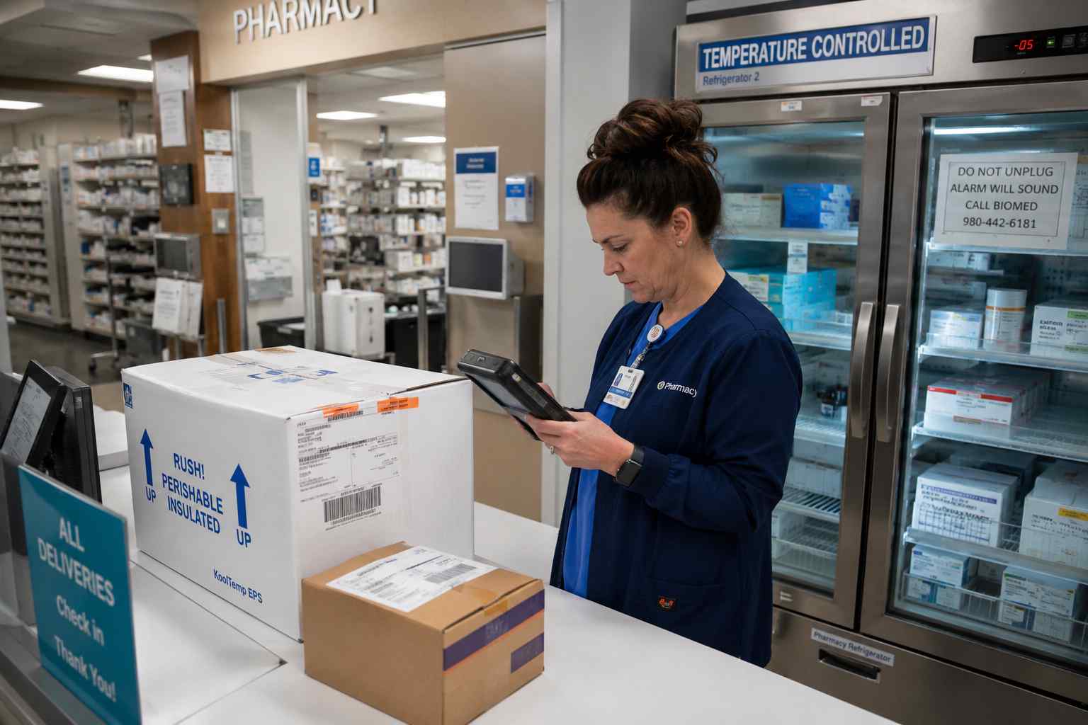 Hospital pharmacy intake counter with a staff member checking a delivery record on a tablet near temperature-controlled storage