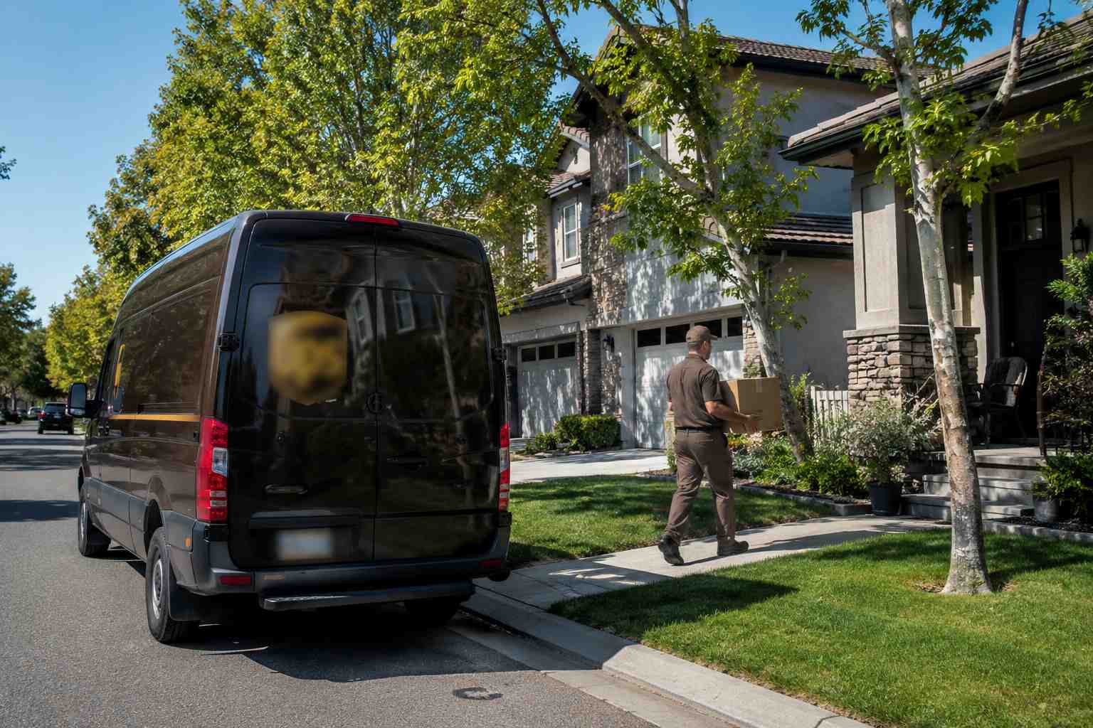 Package tracking app showing out for delivery status with delivery van on map