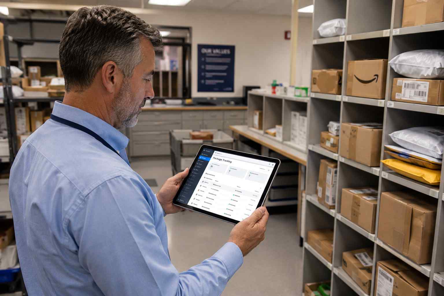 Facilities manager reviewing a package tracking software dashboard in a mailroom