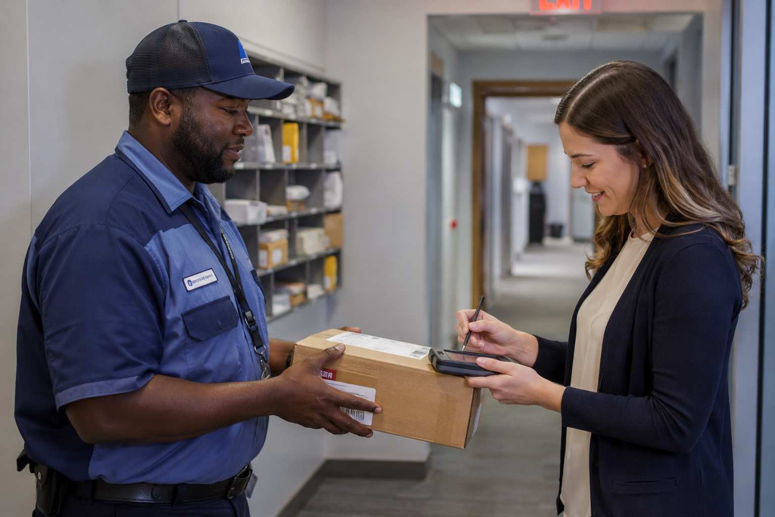 Mailroom staff handing a package to an employee signing for it on a handheld scanner