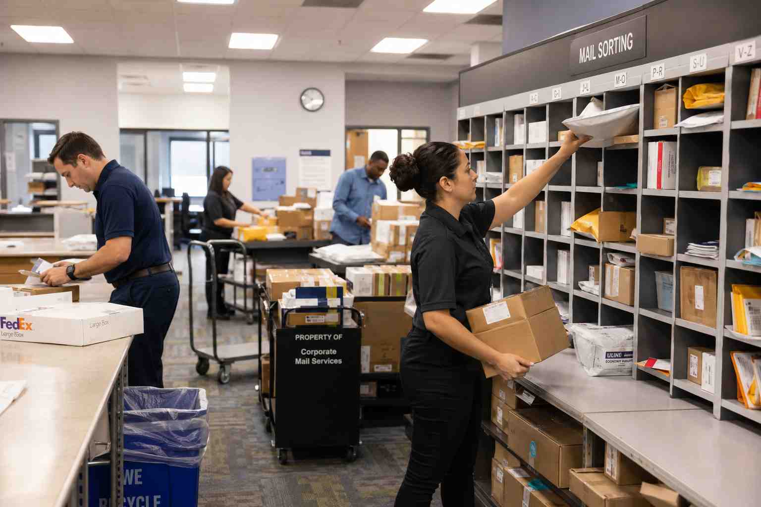 Busy corporate mailroom during peak delivery hours with staff sorting packages