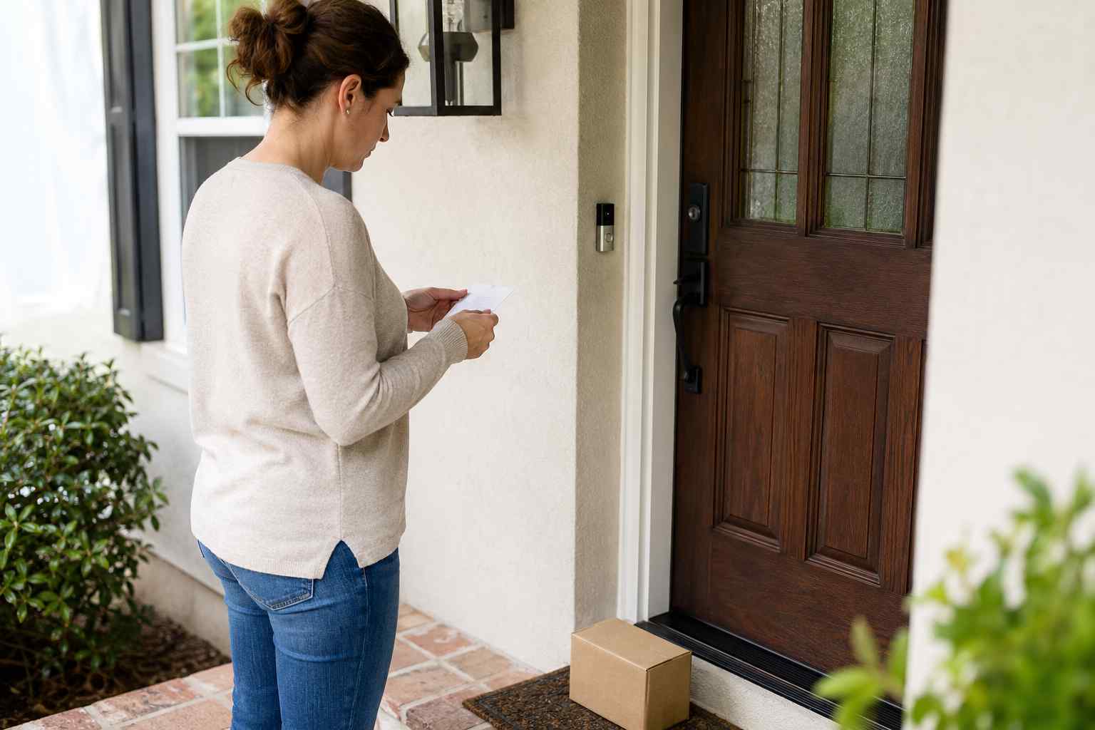 A person checking a package delivery notice at their front door