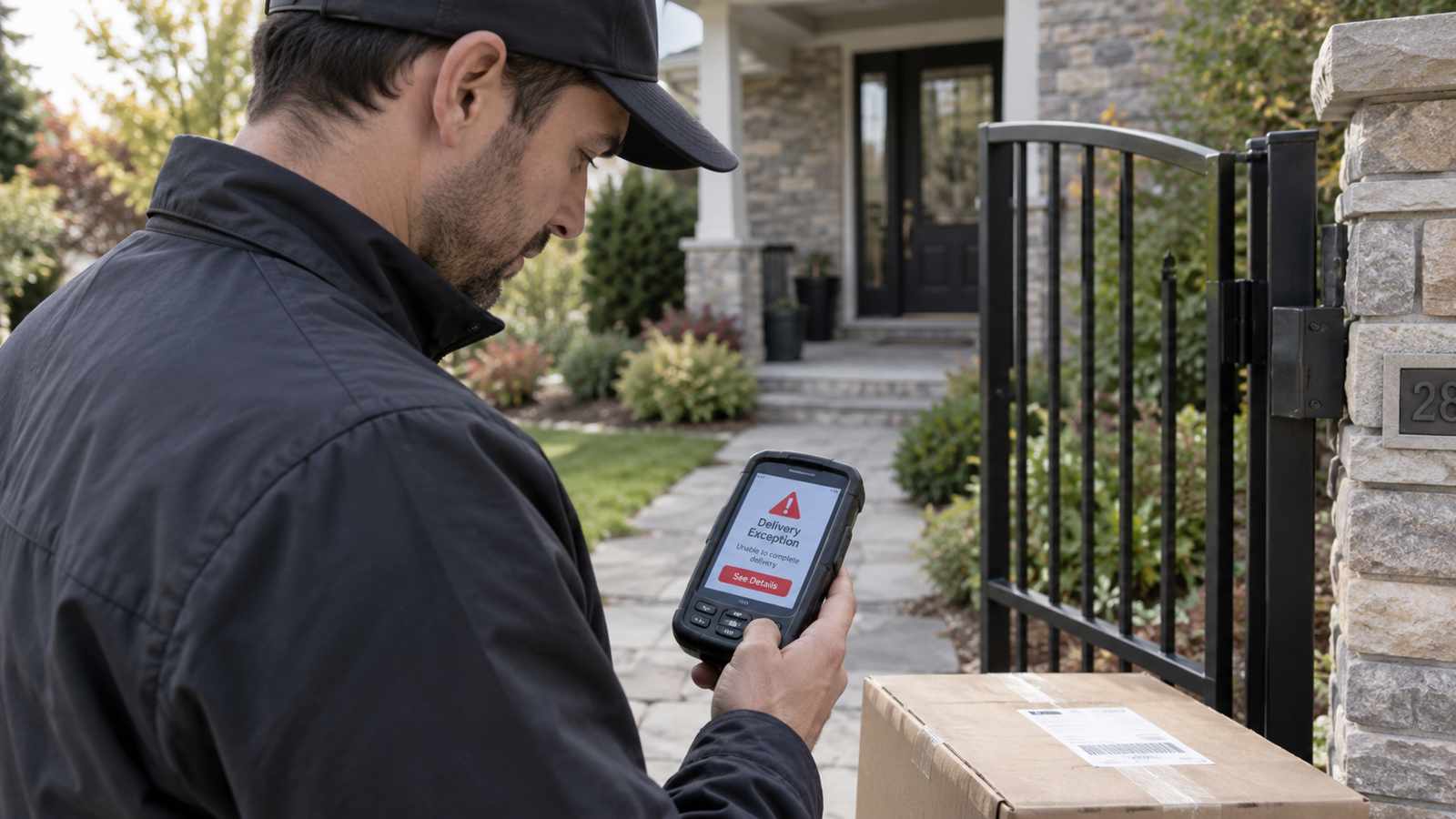 Delivery driver checking a handheld scanner for a package exception alert outside a residential gate