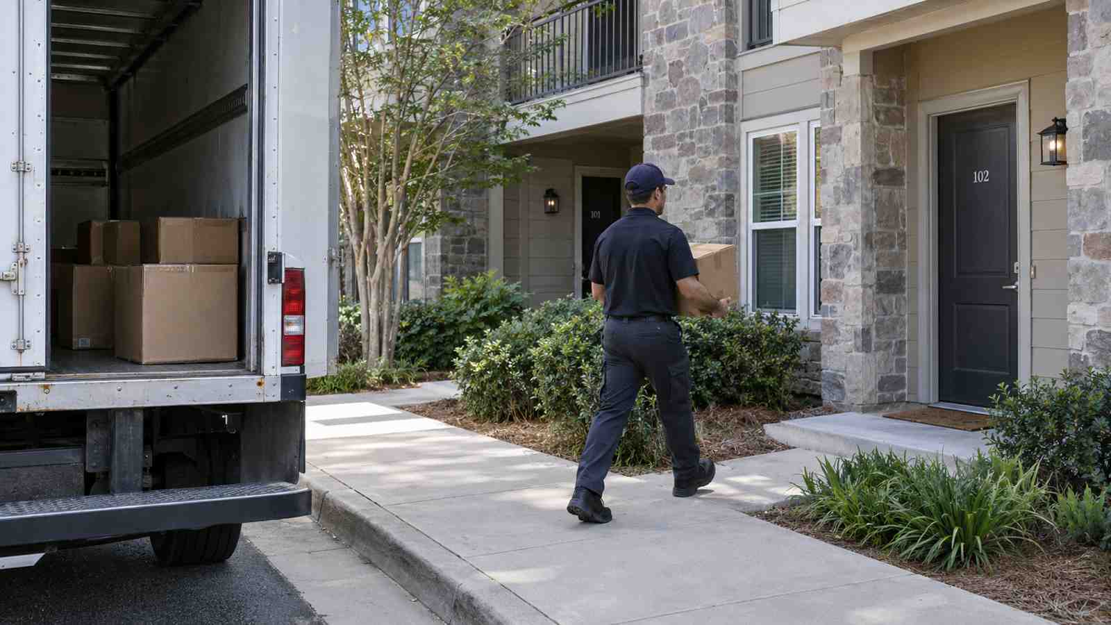 Moving truck outside an apartment building with a delivery worker carrying a box toward a different door