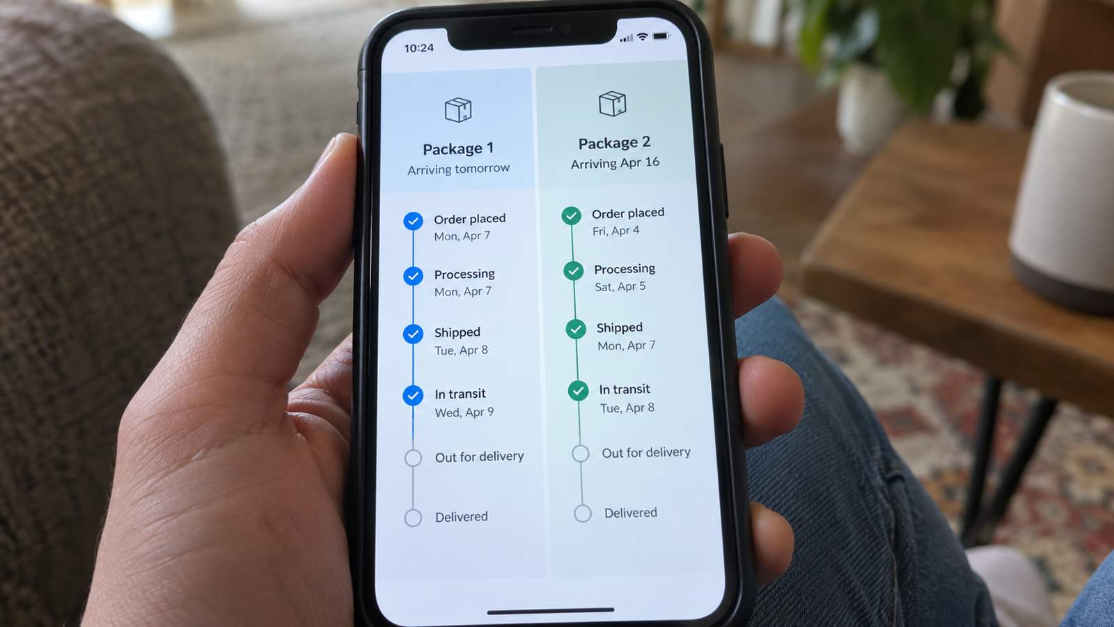 Smartphone screen showing two package tracking timelines side by side