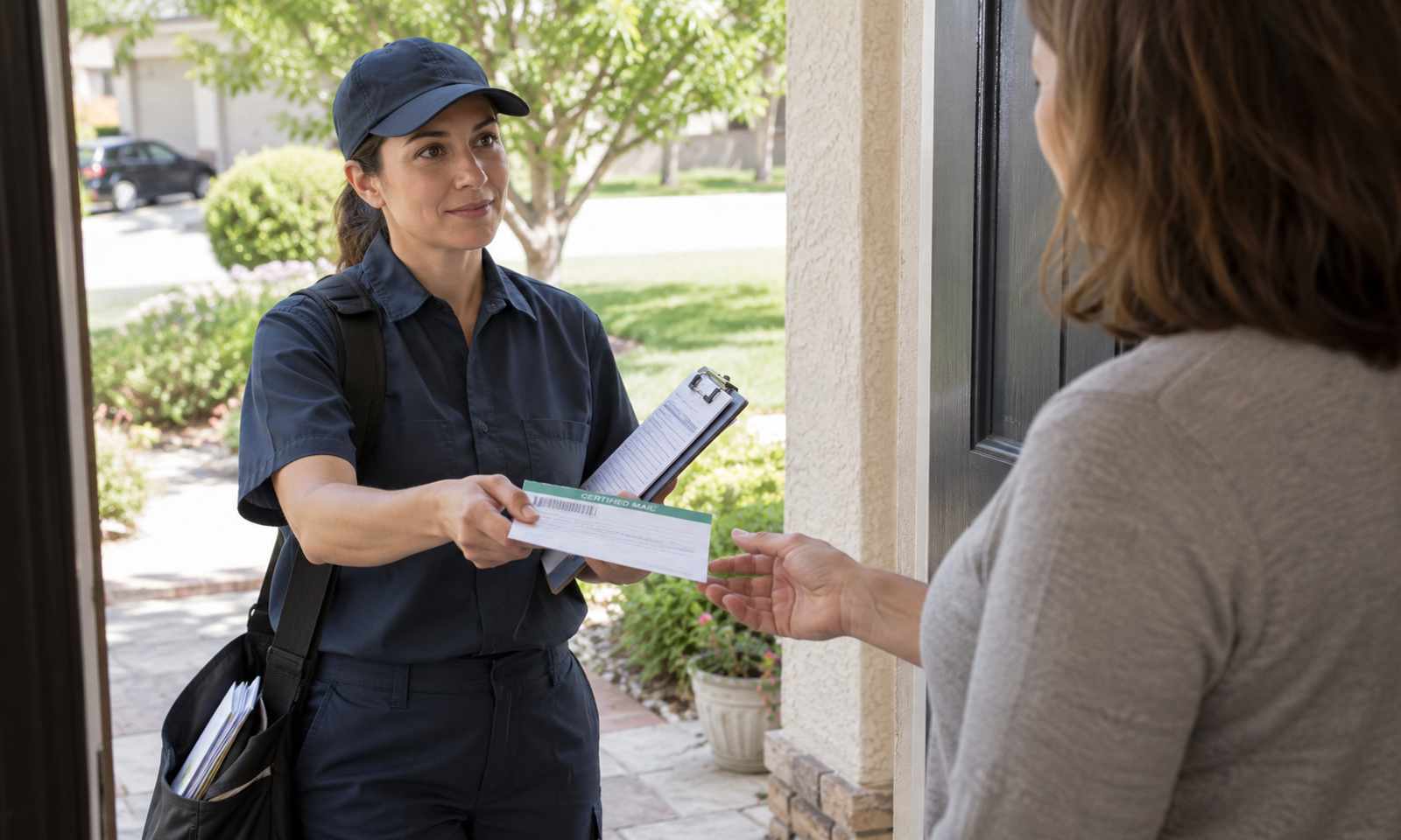 Mail carrier holding a certified mail slip and clipboard at a front door