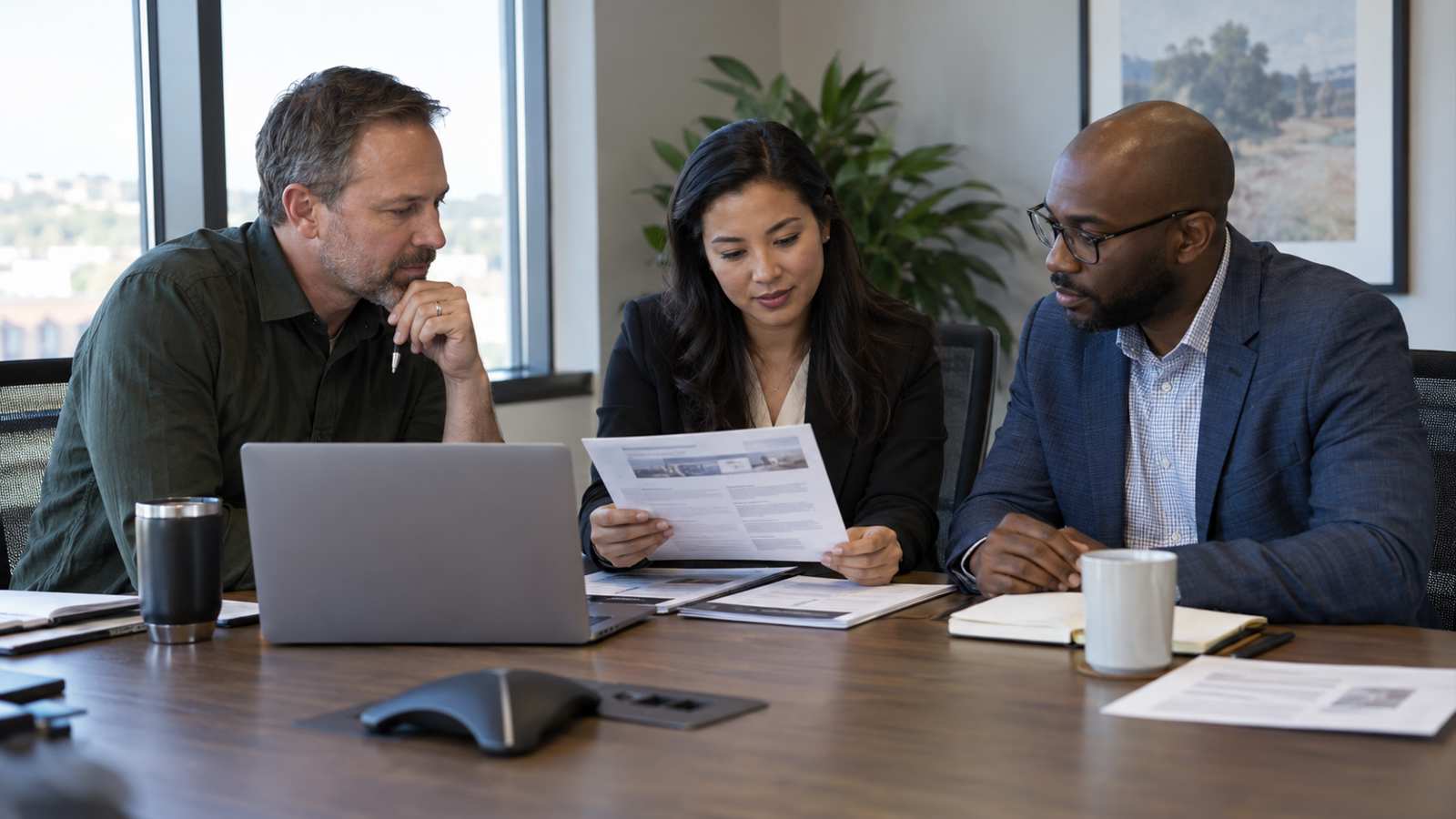 Evaluation committee of a facilities manager, IT staff member, and finance representative reviewing a vendor proposal in a conference room