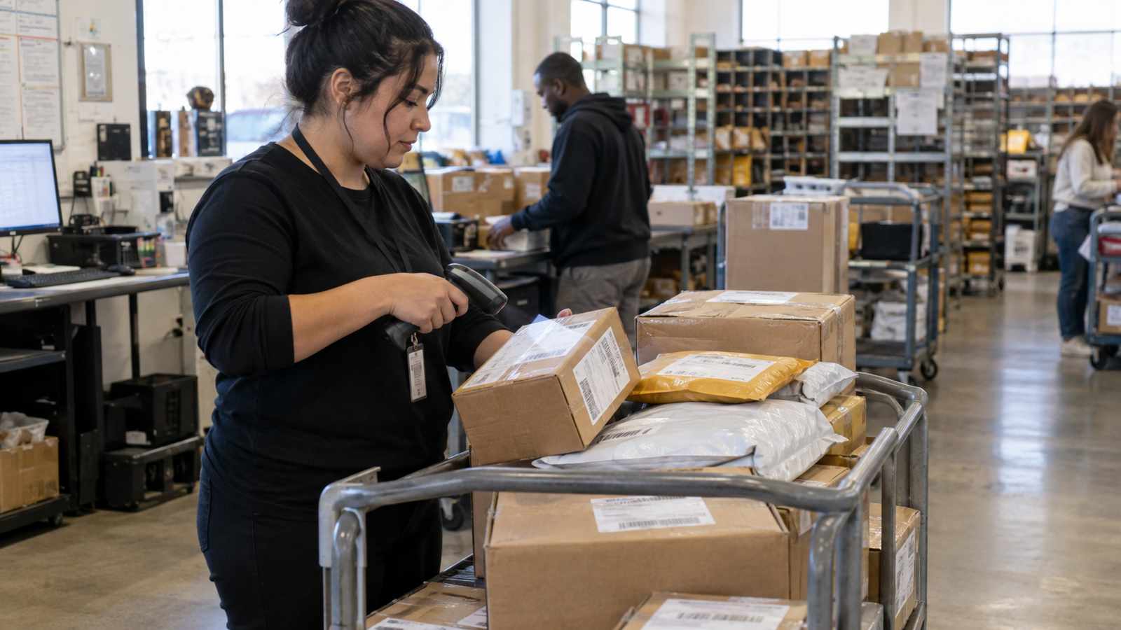Mailroom staff member using a handheld barcode scanner on a package trolley during a software trial