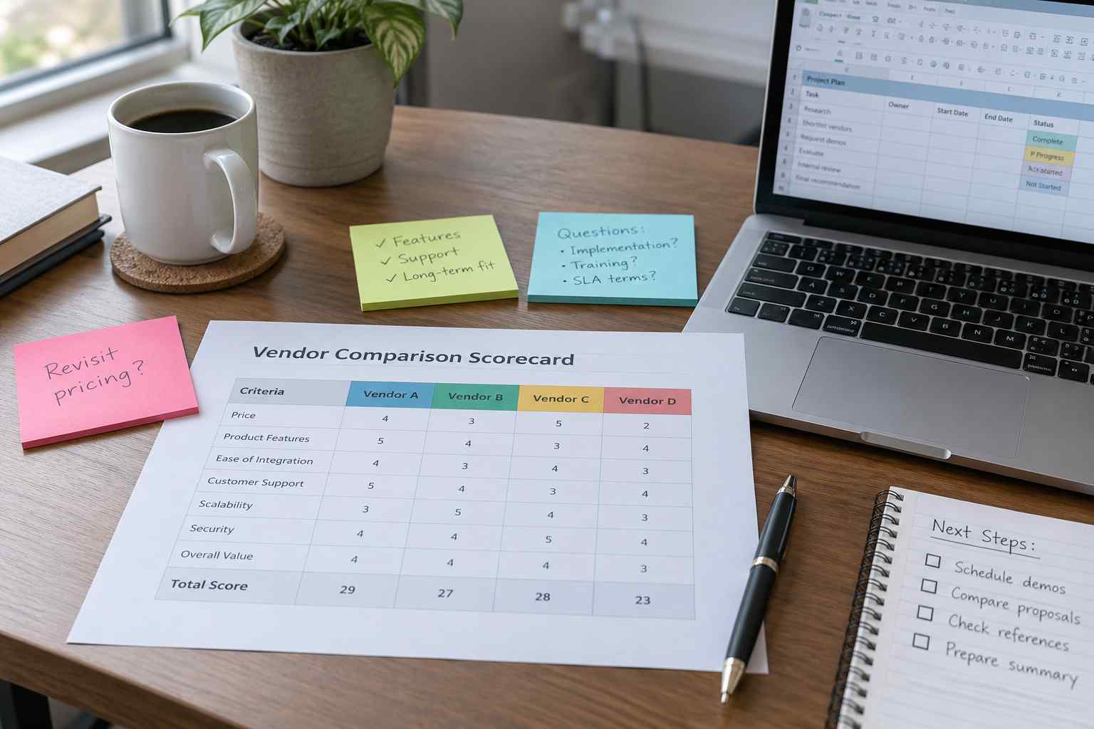 Printed vendor comparison scorecard on a desk with sticky notes next to a laptop showing a spreadsheet