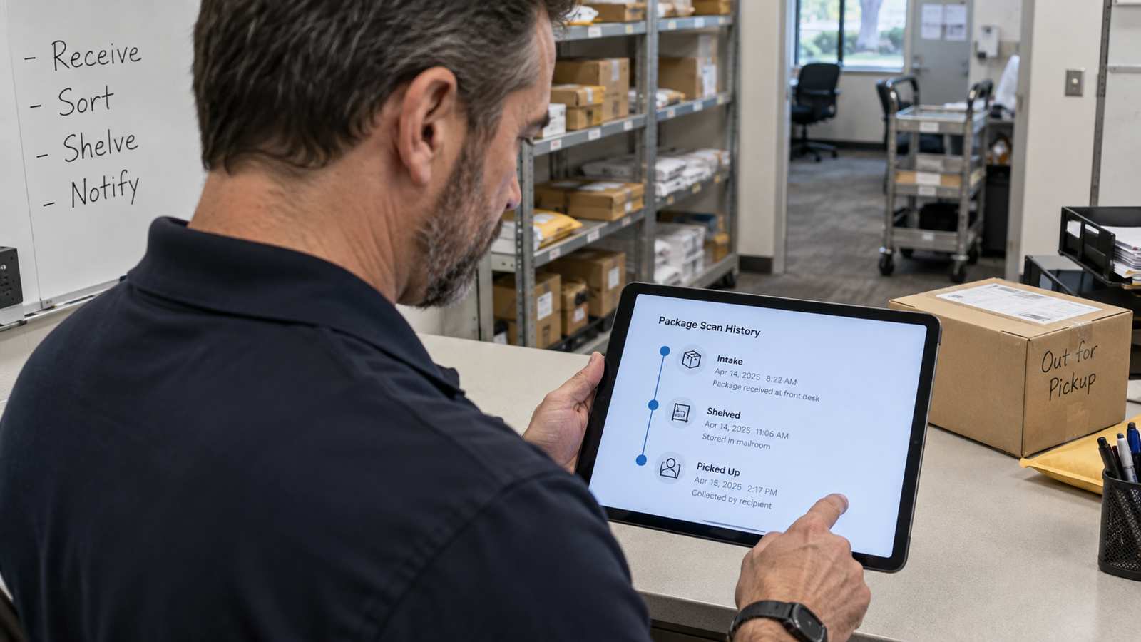 Facilities manager reviewing a digital scan history timeline on a tablet