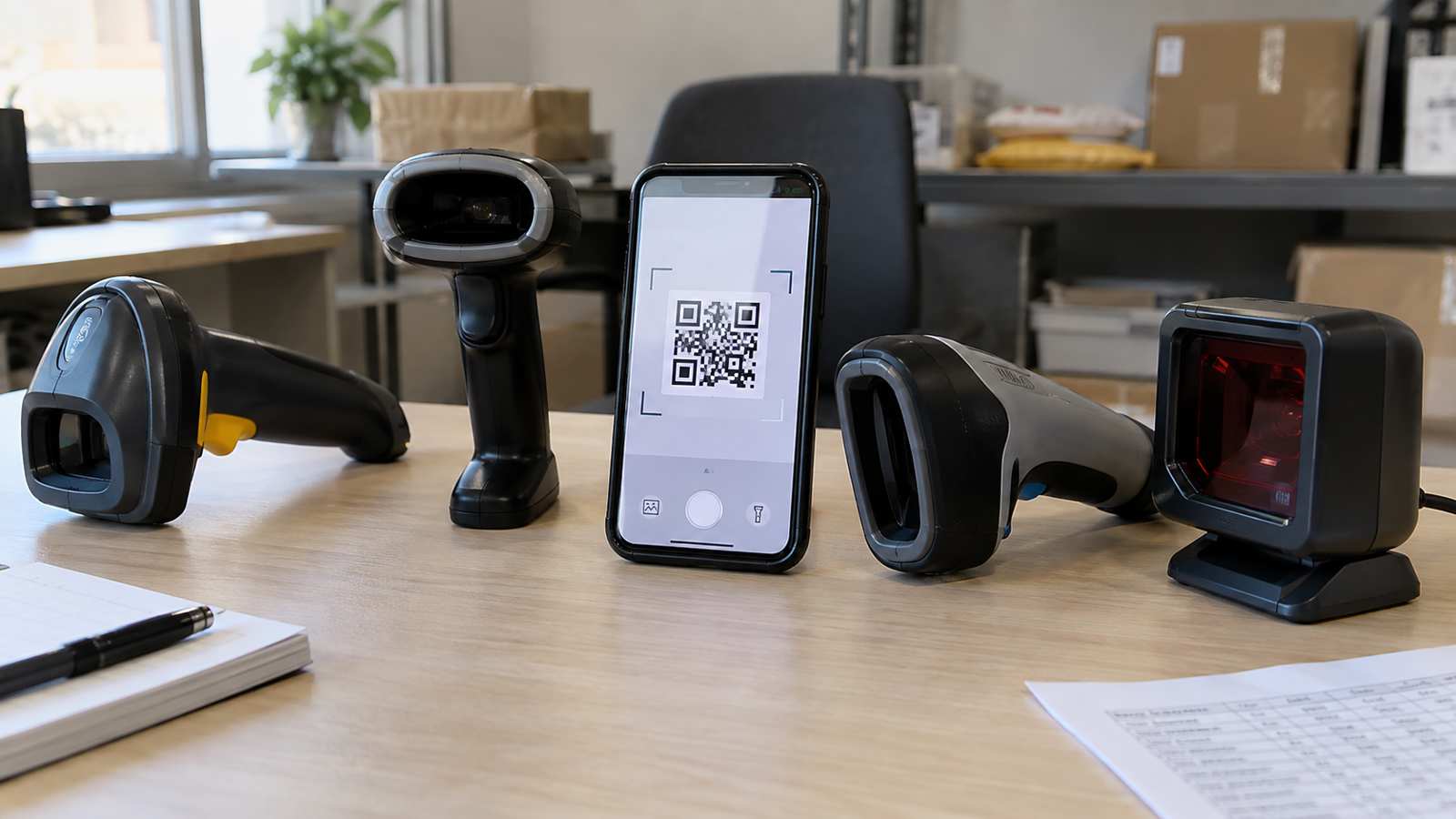 Several handheld barcode scanners and a smartphone QR scanning app laid out for equipment comparison