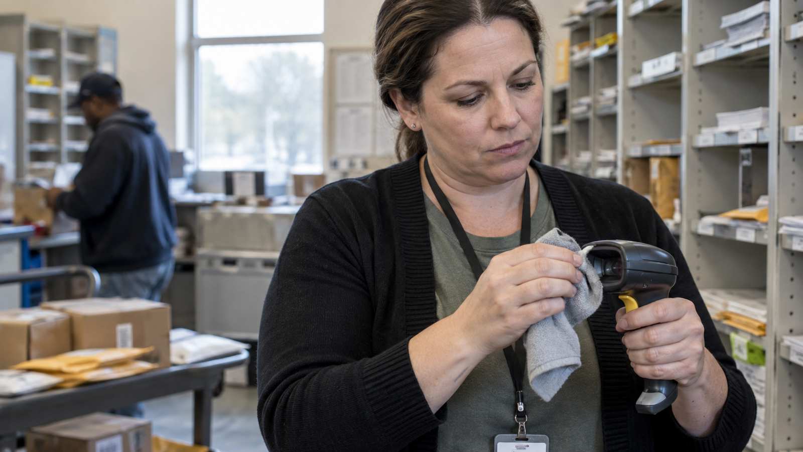 Supervisor inspecting a handheld scanner and cleaning its lens during a routine equipment check