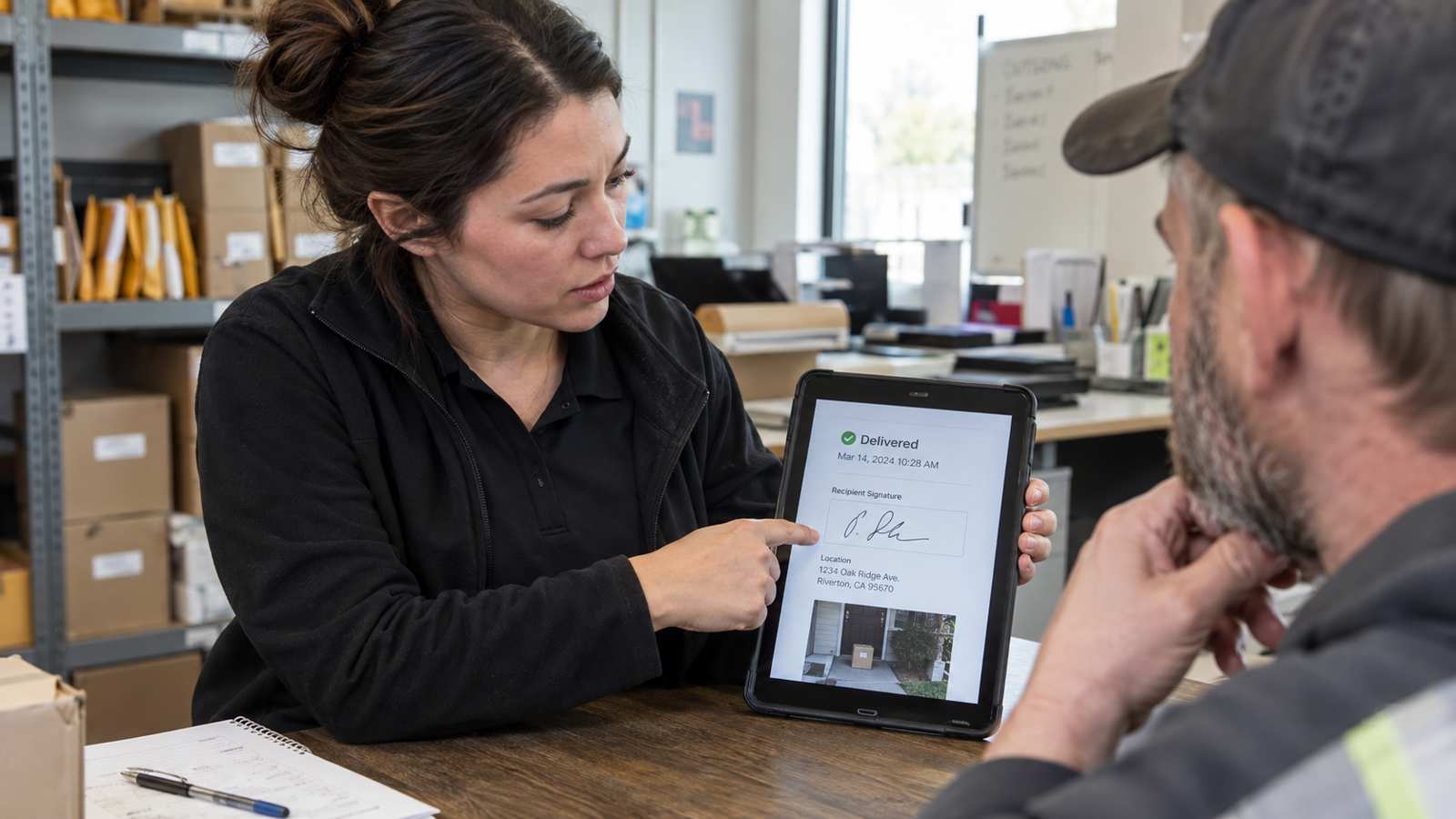 Staff member pulling up a digital proof-of-delivery record with a signature and timestamp on a tablet