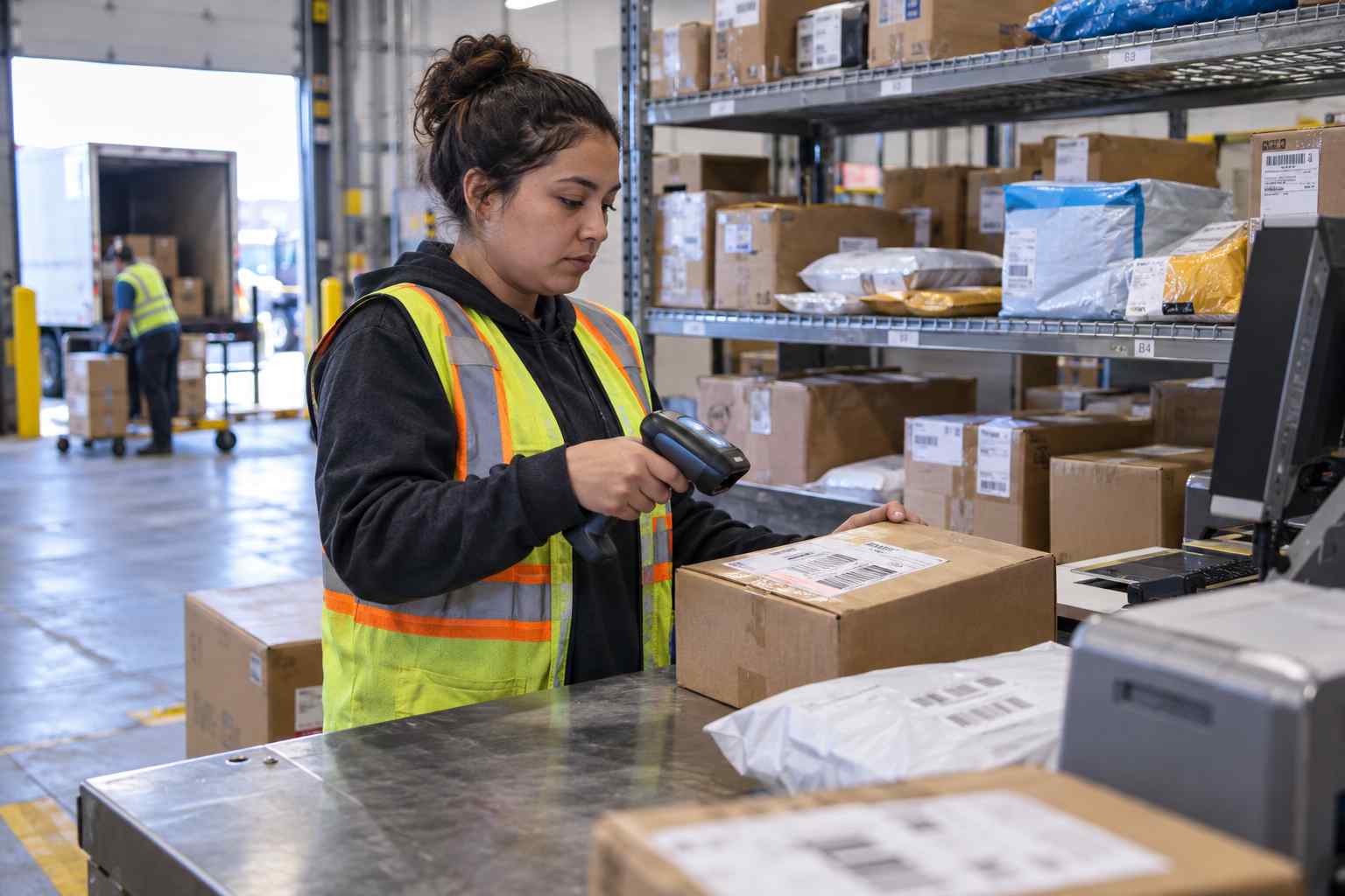 Warehouse receiving employee scanning a package barcode at an intake station