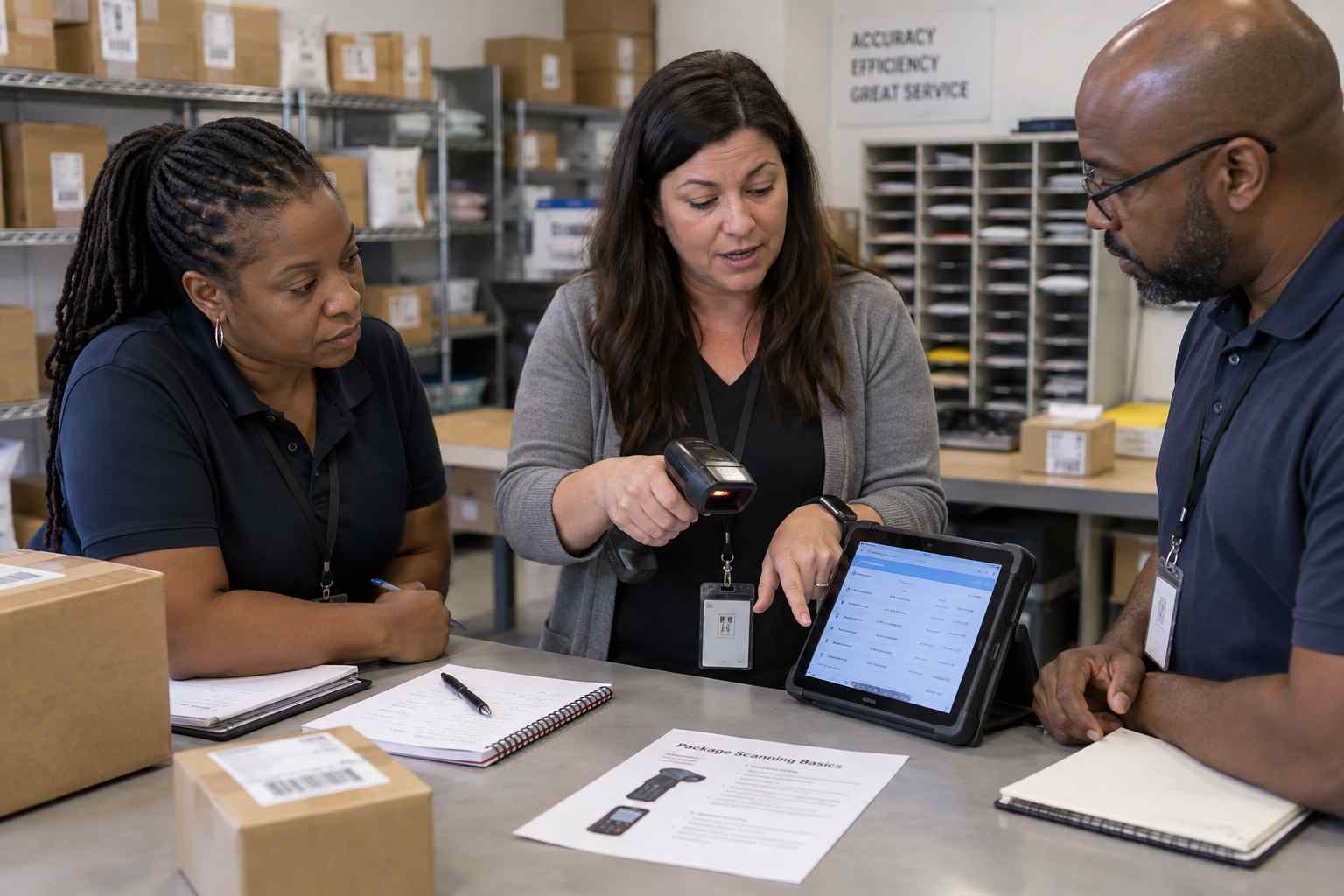 Mailroom staff training session on handheld barcode scanner and tracking software