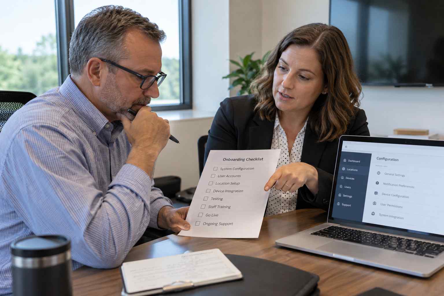 Facilities manager reviewing an onboarding checklist with a software vendor representative