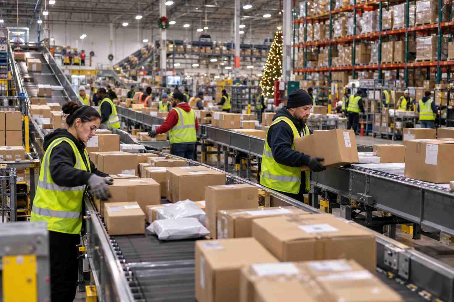 Warehouse workers sorting a high volume of packages during the holiday shipping season