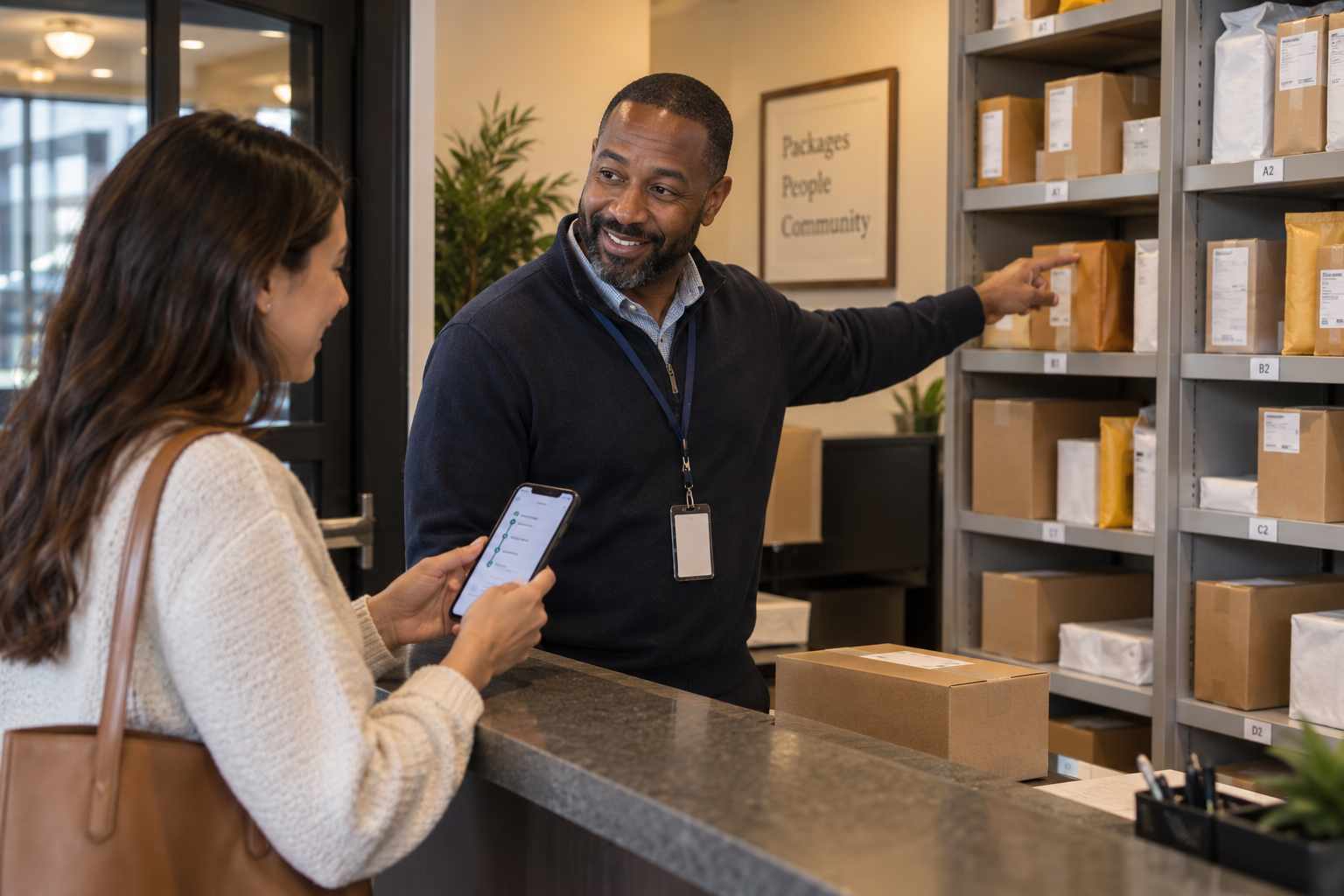 Property manager and resident discussing a package pickup record at a mailroom counter