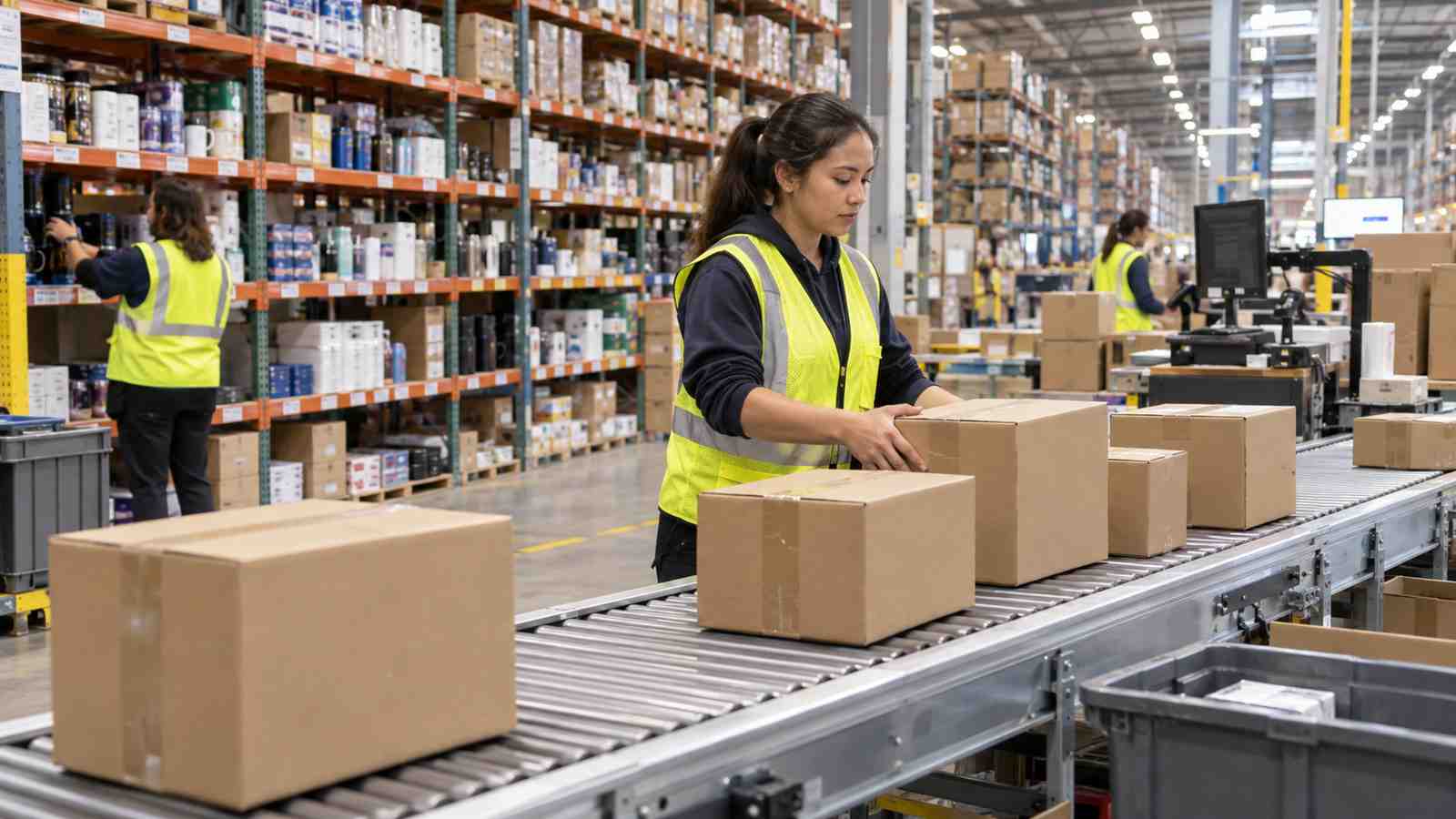 Warehouse worker packing separate boxes from an order that shipped as multiple shipments