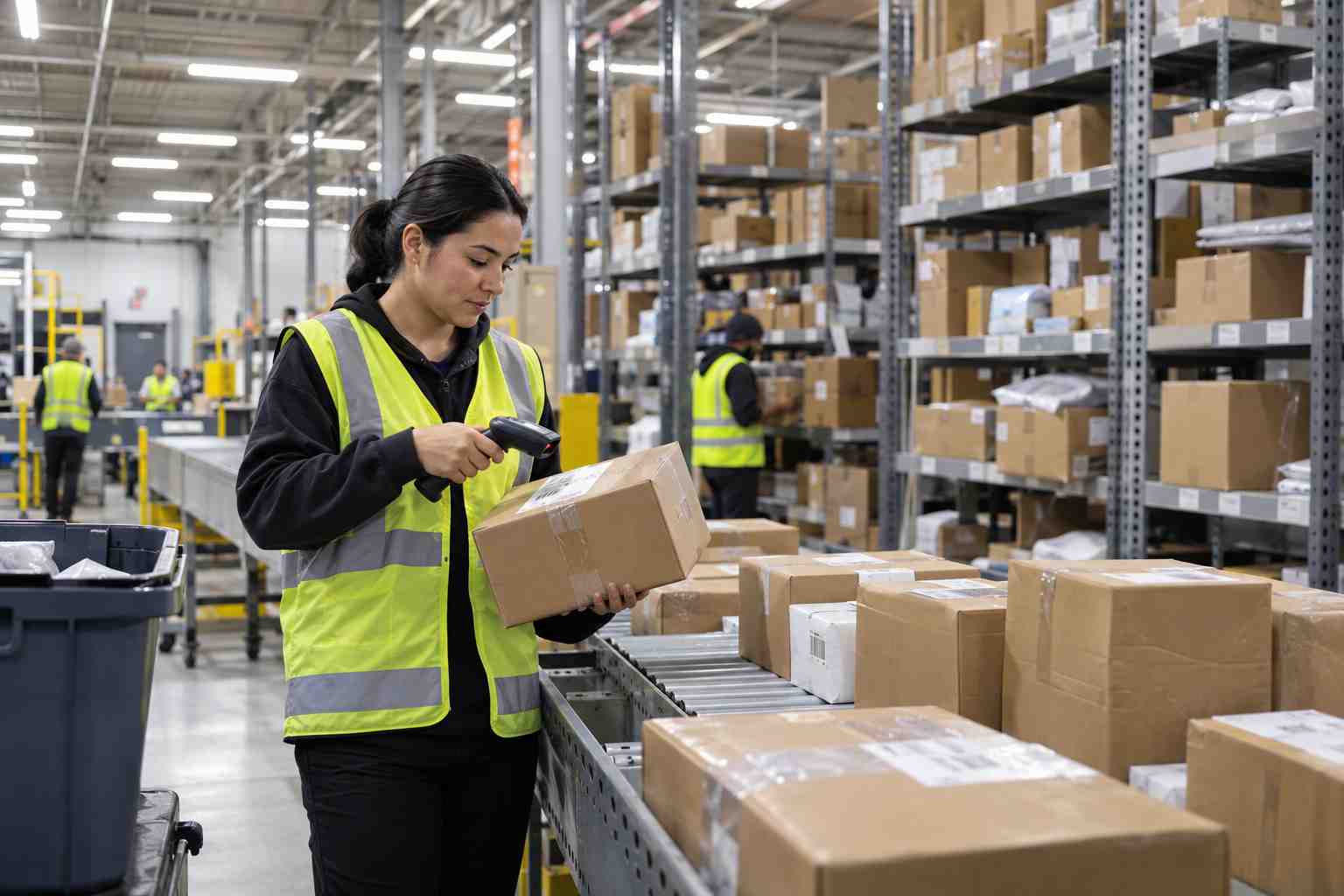 Parcel sorting facility worker scanning packages, illustrating where a carrier searches for a lost shipment