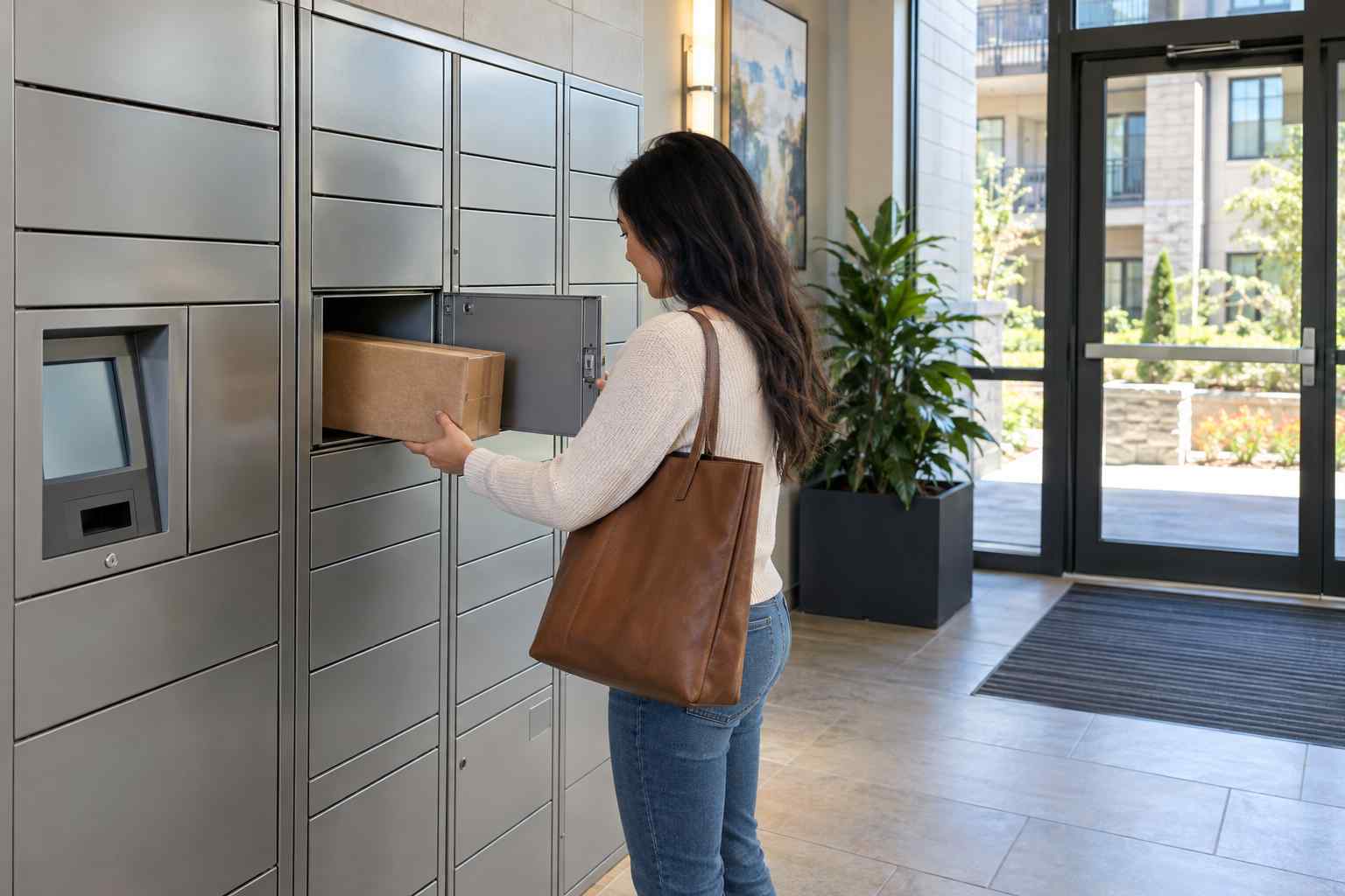 Resident retrieving a package from a secure delivery locker bank at an apartment complex