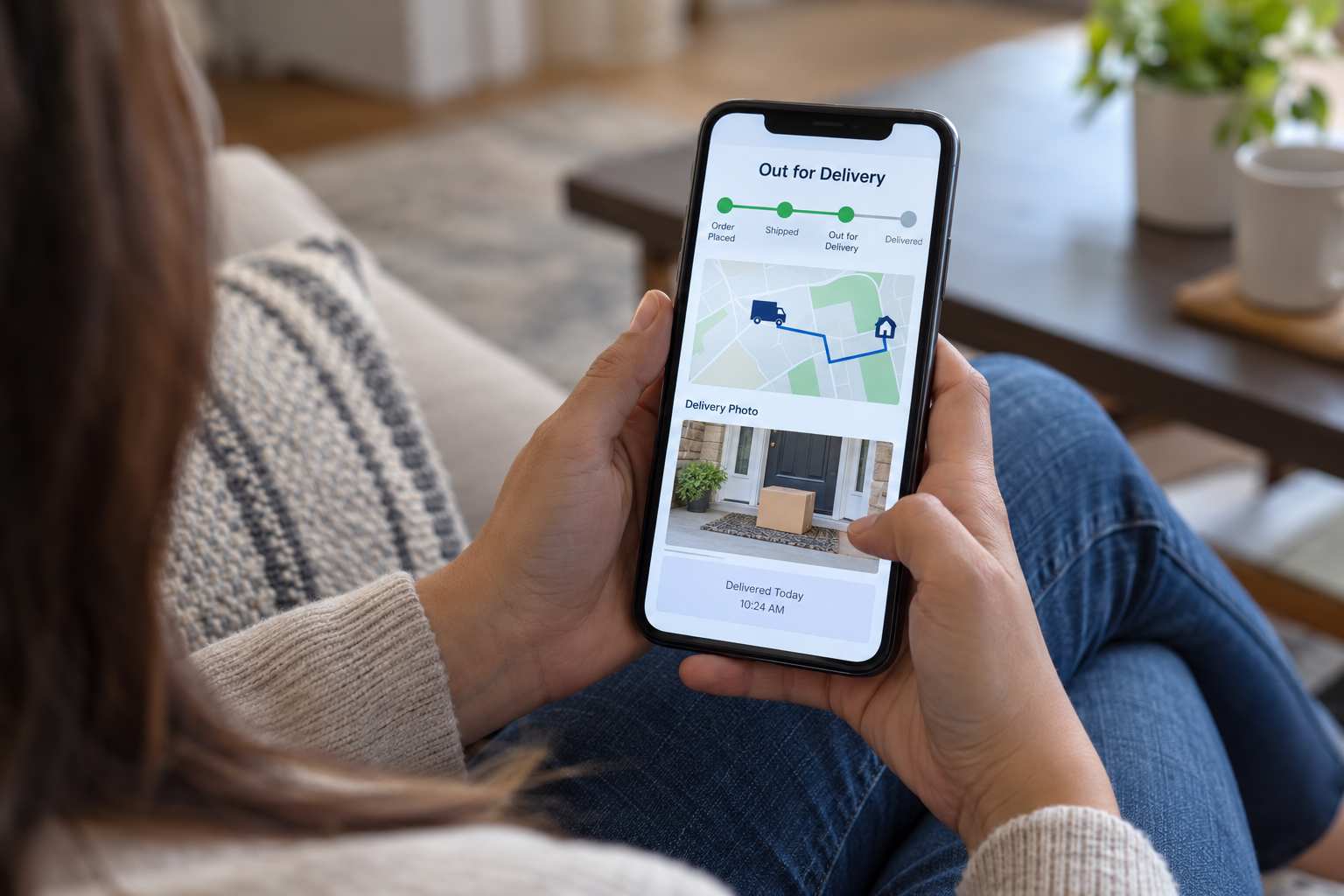 Person checking a delivery tracking app on a smartphone at home
