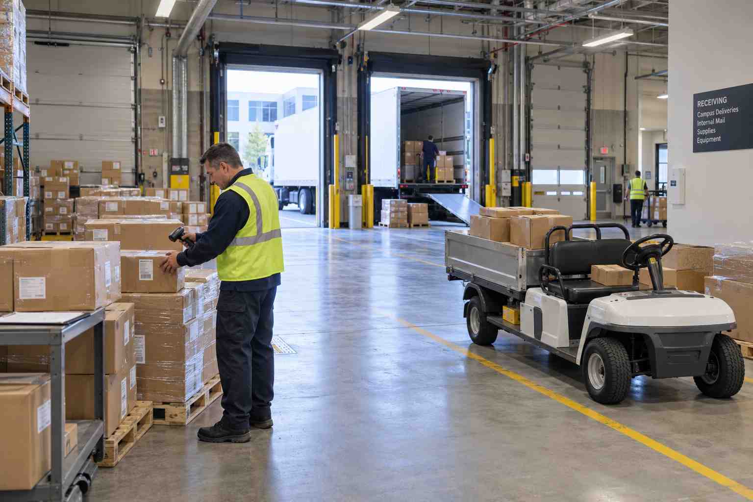 Staff member scanning a package at a corporate campus central receiving dock