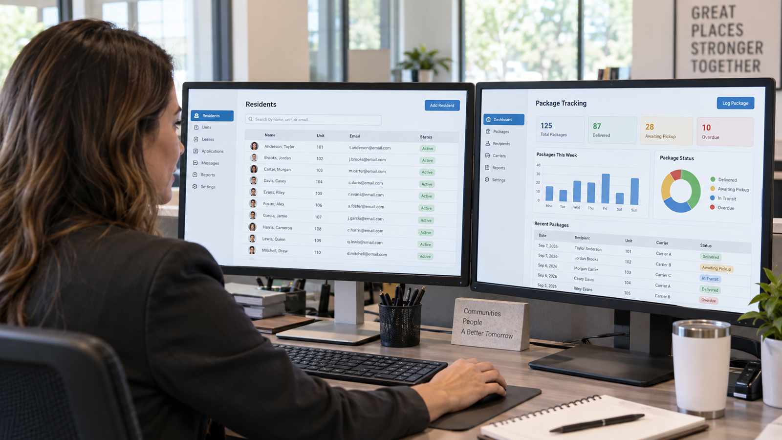 Property manager reviewing connected resident directory and package tracking software dashboards