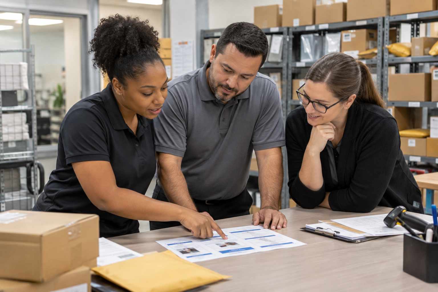 Mailroom staff reviewing a quick reference guide together during training