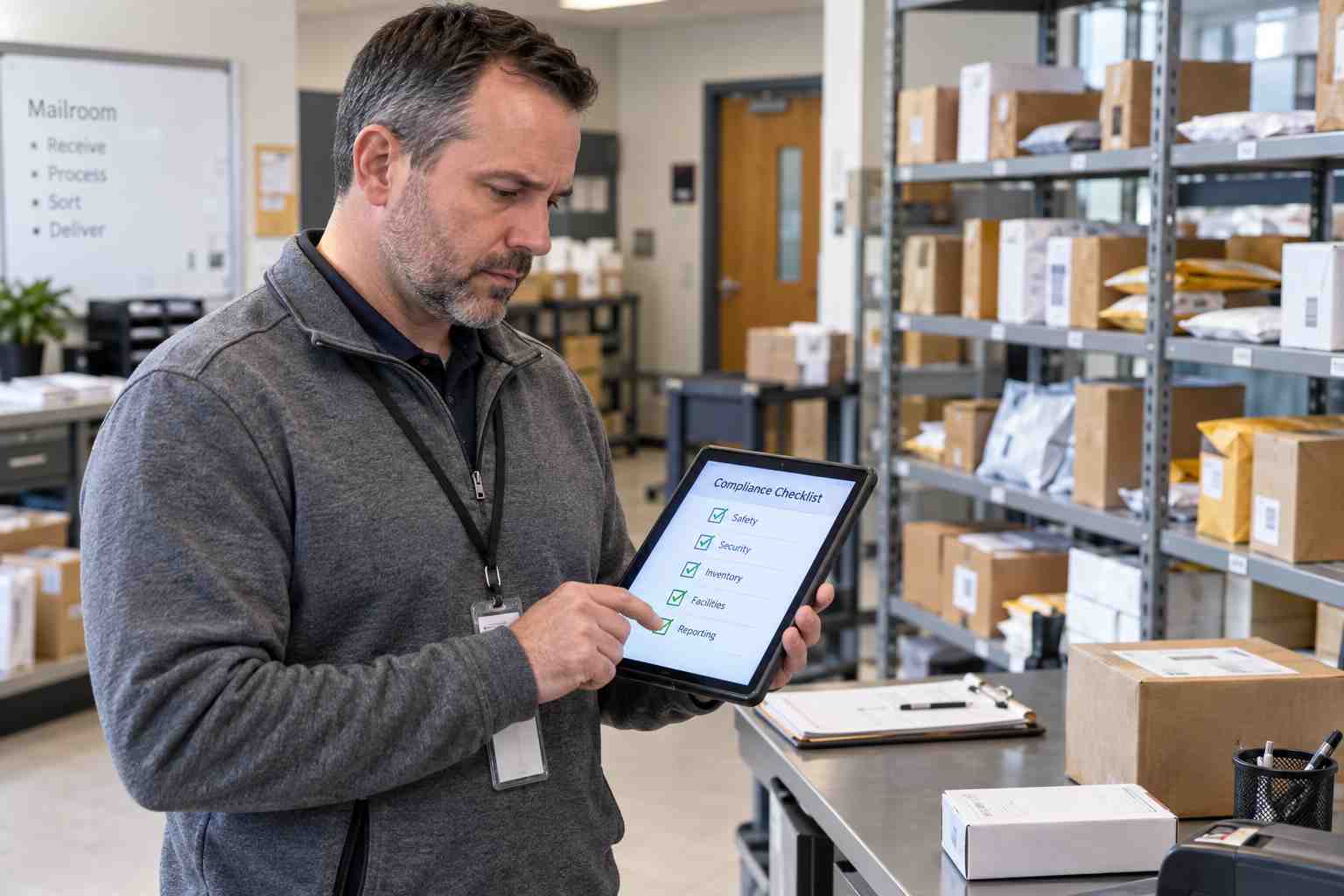 Facilities manager reviewing a data security and compliance checklist in a mailroom