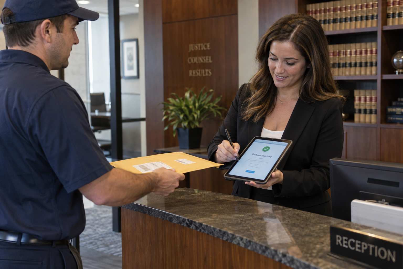 Paralegal signing for a courier delivery at a law firm front desk using a package tracking tablet