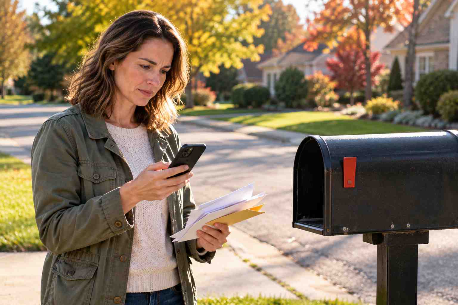 Person at a curbside mailbox checking a smartphone with a cautious expression while holding envelopes