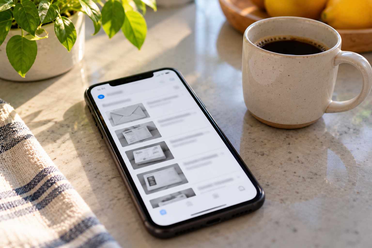 Smartphone on a kitchen counter showing a morning email with grayscale thumbnails of mail pieces
