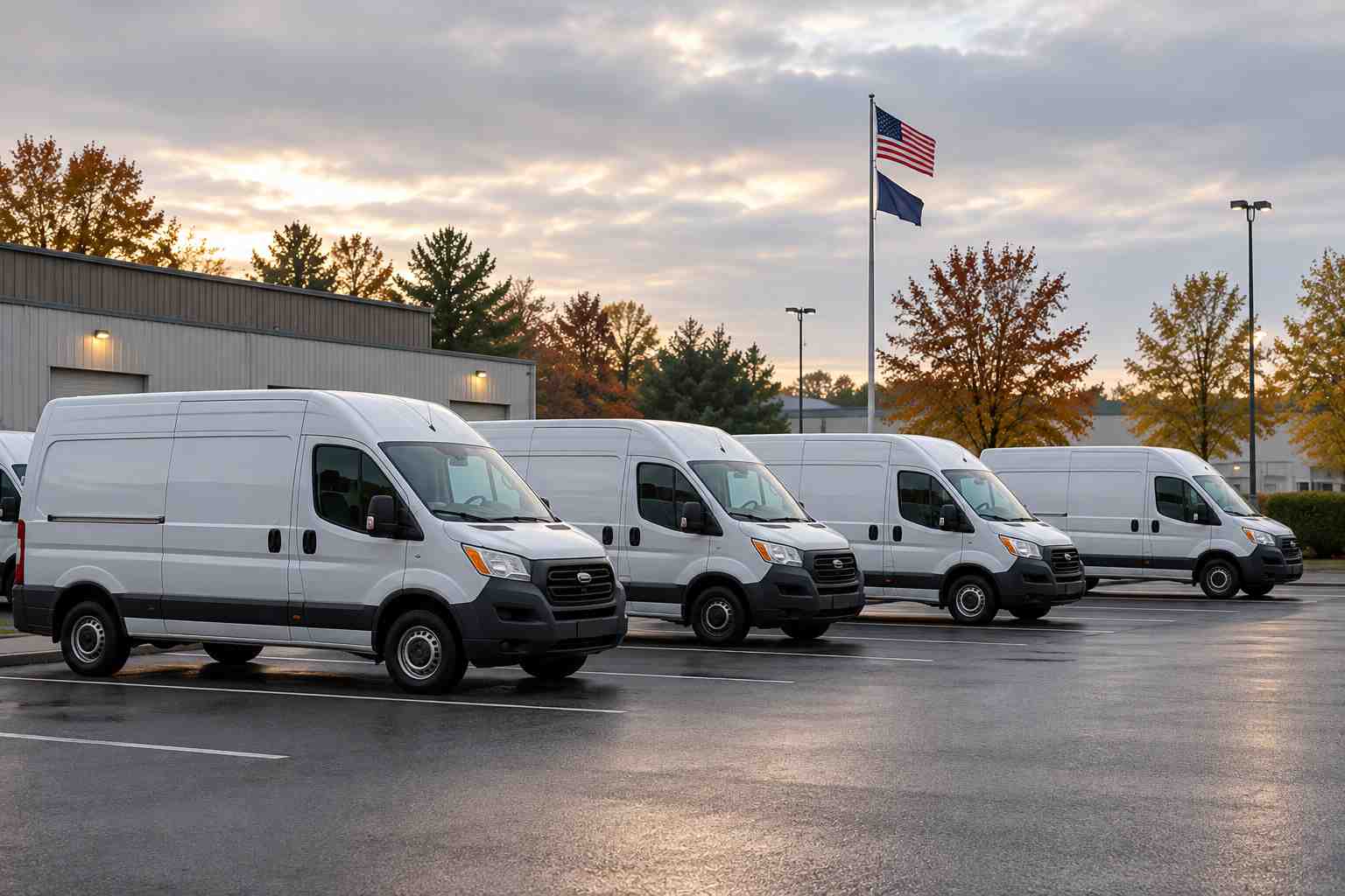 Row of plain white delivery vans parked in a quiet depot lot at dawn on a holiday morning
