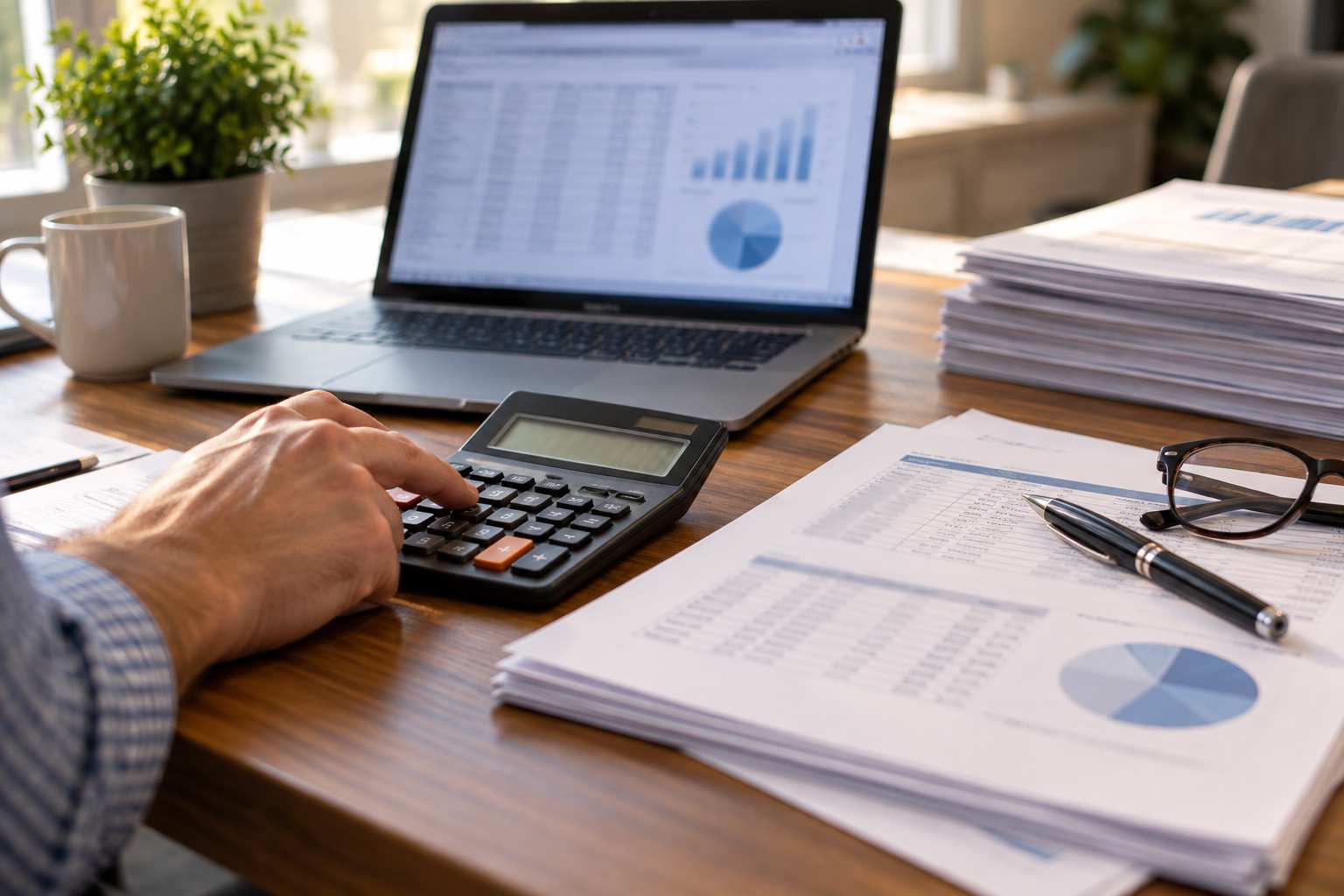 Desk with a calculator, laptop spreadsheet and printed budget pages while comparing software costs