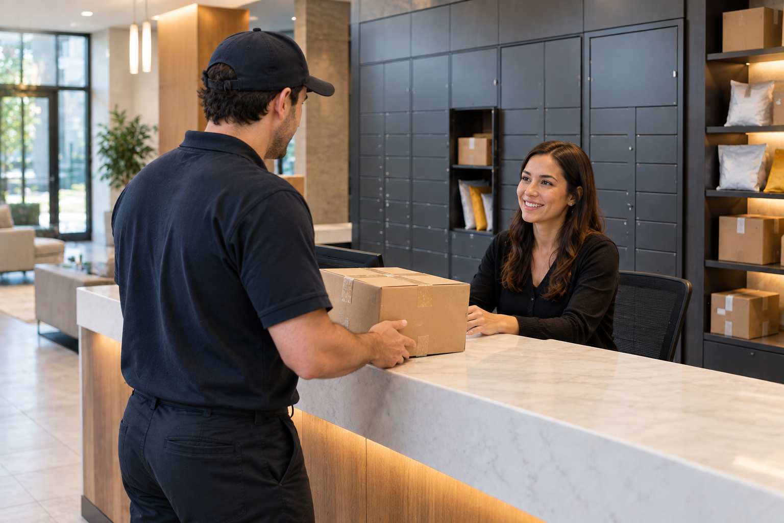 Package handoff at a modern apartment lobby reception counter with a smiling attendant and package lockers behind