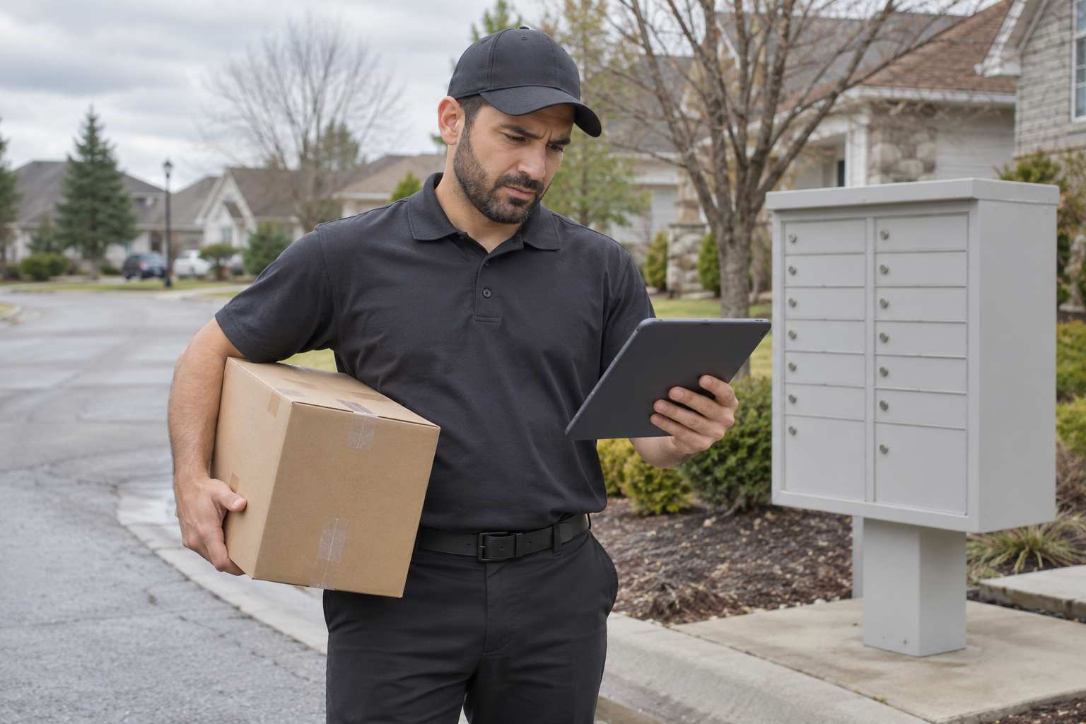 A delivery driver in a plain unbranded uniform standing at a suburban curb holding a box and looking at a tablet with a puzzled expression, a cluster mailbox behind him