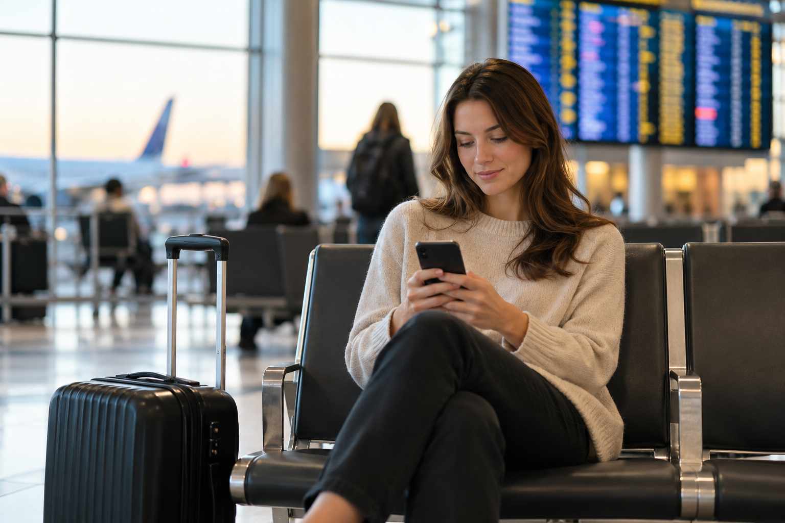 A traveler at an airport gate looking at a smartphone with a relaxed expression, carry-on bag beside them