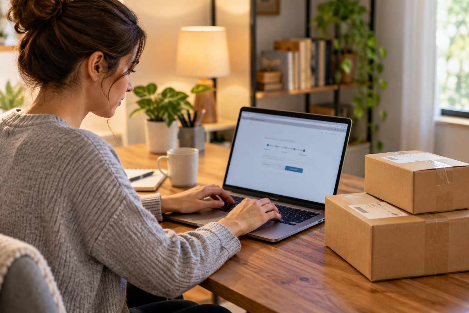 A woman at a desk typing a tracking number into a laptop browser, two small shipping boxes beside the laptop