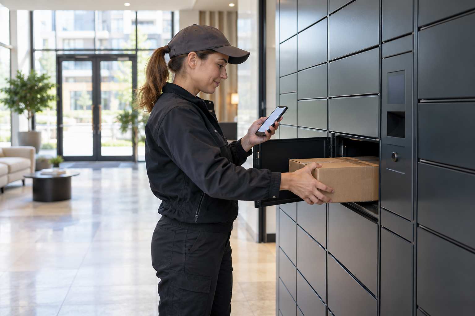 A person in work clothes collecting a package from a bank of parcel lockers in a bright apartment lobby, phone in hand showing a pickup code that cannot be read