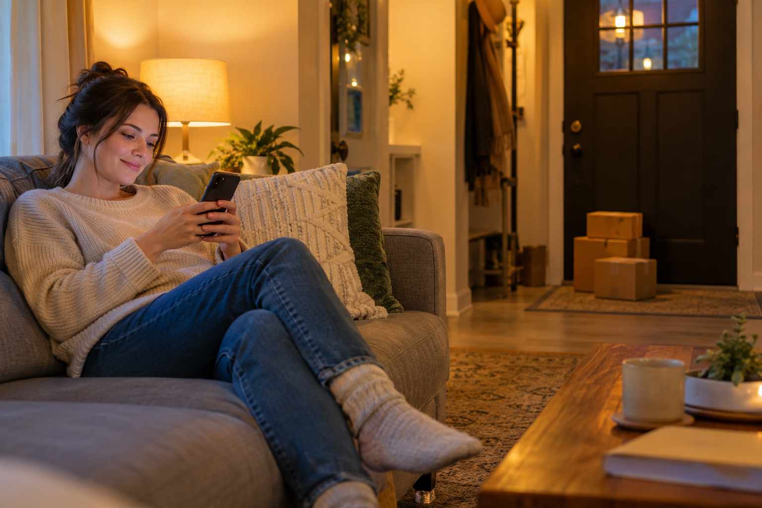A person on a couch checking their phone with a relaxed smile, three small parcels by the front door in the background