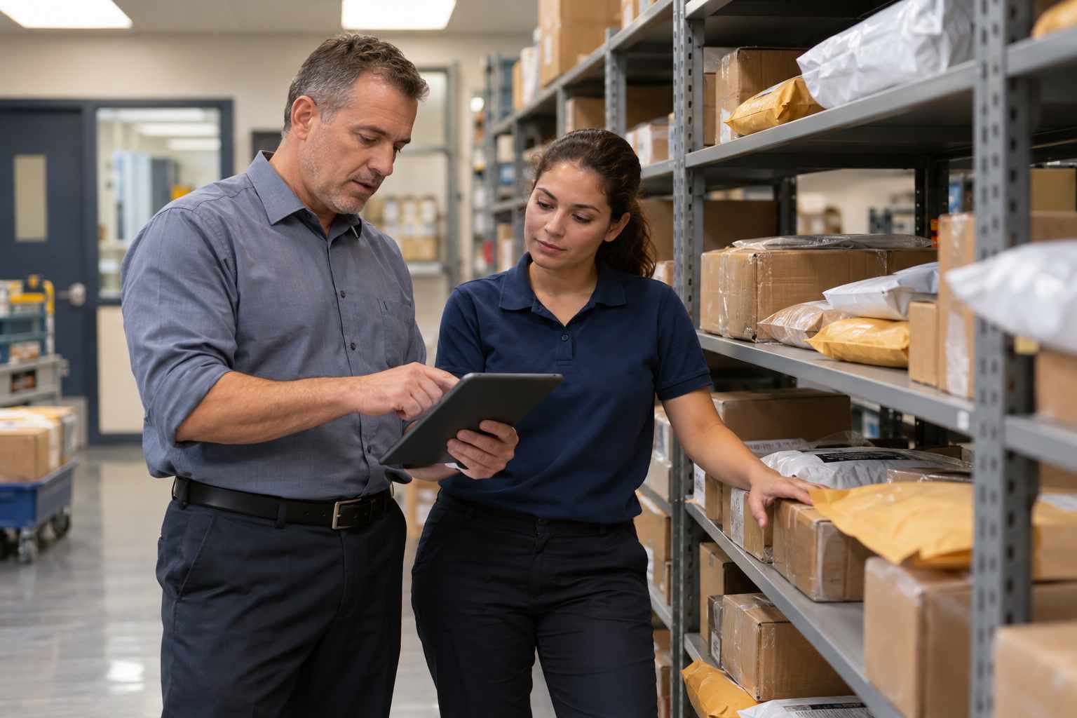 A mailroom supervisor and a clerk standing at a shelf of older packages, reviewing a list on a tablet together