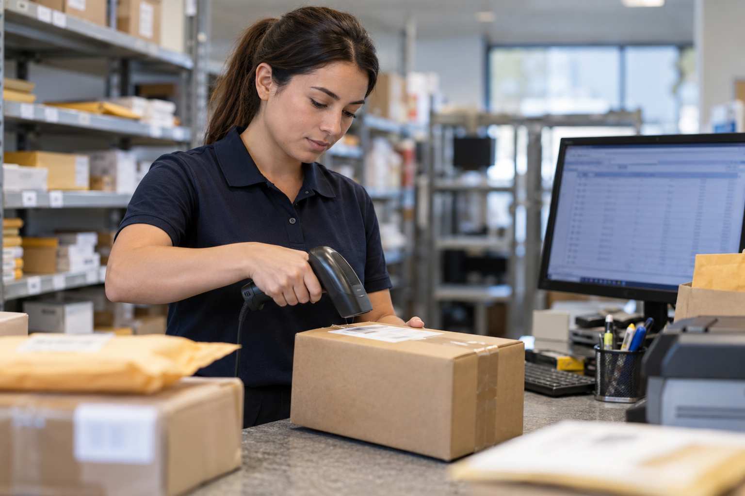 A mailroom clerk scanning a package barcode with a handheld scanner at a counter, a computer monitor beside them showing a blurred list of packages