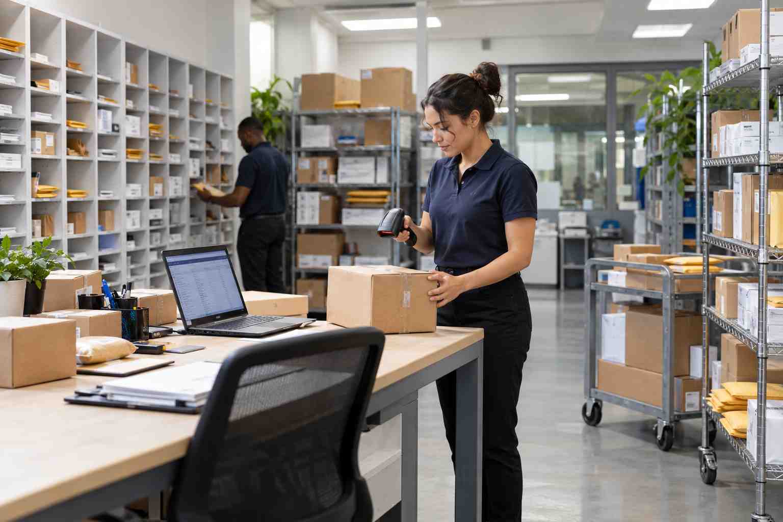 Wide shot of an organized corporate mailroom with clearly separate shelving zones, a laptop on a desk showing a package list